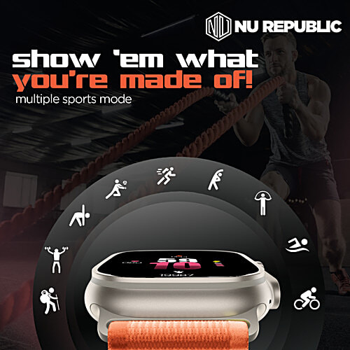 Nu Republic Creed Ultra Smartwatch - 5 cm HD IPS Display, BT Calling, HRM, SPO2 & AI Voice Assistant, Silver/Orange, Free Size, 1 pc  