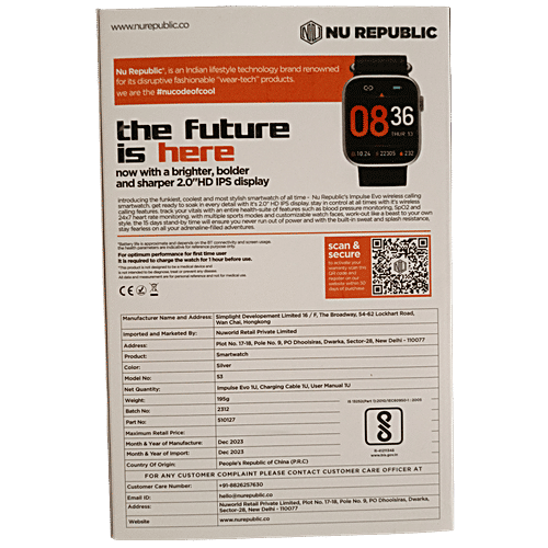 Nu Republic Impulse Evo Smartwatch - 5 cm HD IPS Display, BT Calling, HRM, SPO2 & AI Voice Assistant, Silver/Black, Free Size, 1 pc  