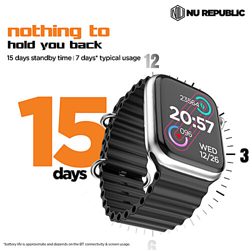 Nu Republic Impulse Evo Smartwatch - 5 cm HD IPS Display, BT Calling, HRM, SPO2 & AI Voice Assistant, Silver/Black, Free Size, 1 pc  