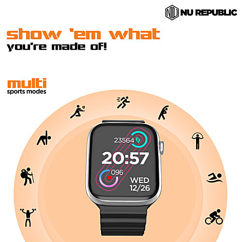 Nu Republic Impulse Evo Smartwatch - 5 cm HD IPS Display, BT Calling, HRM, SPO2 & AI Voice Assistant, Silver/Black, Free Size, 1 pc  