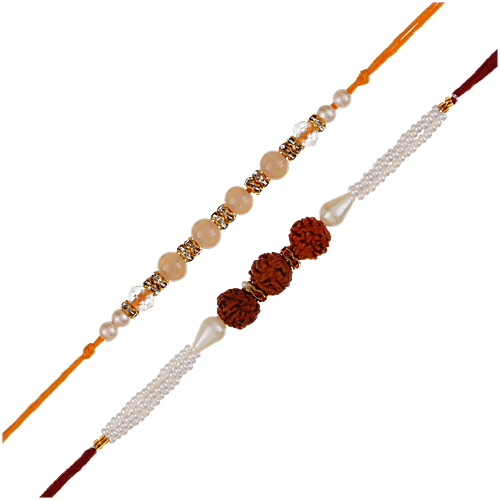 eCraftIndia Multicolour Rudraksha Pearls Designer Rakhi's - With Roli Chawal Pack, 2 pcs  