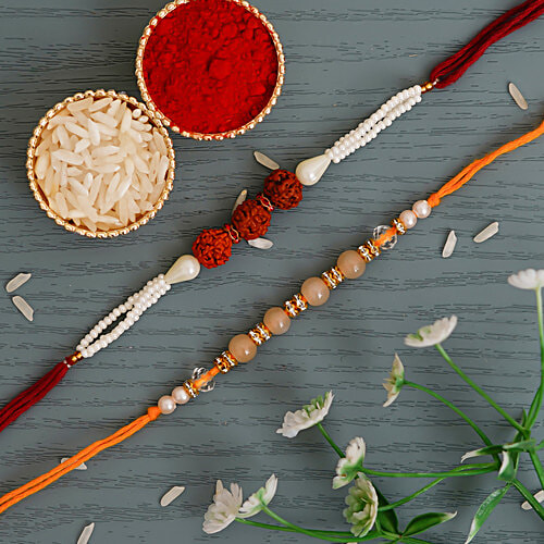 eCraftIndia Multicolour Rudraksha Pearls Designer Rakhi's - With Roli Chawal Pack, 2 pcs  