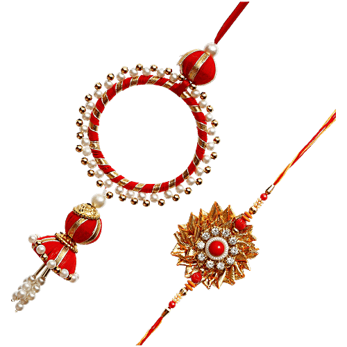 eCraftIndia Bhaiya Bhabhi Designer Gota Patti Rakhi With Lumba Rakhi & Roli Chawal - Red, 2 pcs Brother, Bhai, Lumba Rakhi