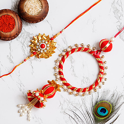 eCraftIndia Bhaiya Bhabhi Designer Gota Patti Rakhi With Lumba Rakhi & Roli Chawal - Red, 2 pcs Brother, Bhai, Lumba Rakhi