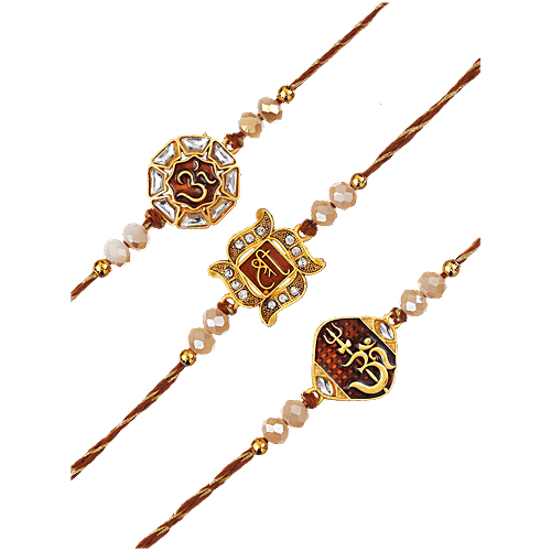 eCraftIndia Designer Religious Rakhi Set - Shri, Om & Om Trishul With Damru & Roli Chawal, 3 pcs  Religious Rakhi