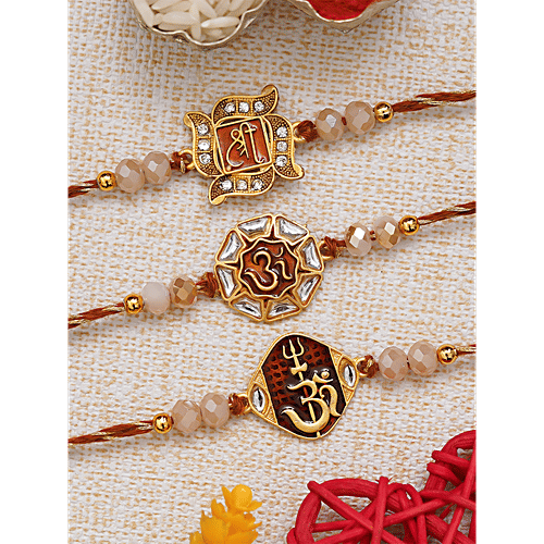 eCraftIndia Designer Religious Rakhi Set - Shri, Om & Om Trishul With Damru & Roli Chawal, 3 pcs  Religious Rakhi