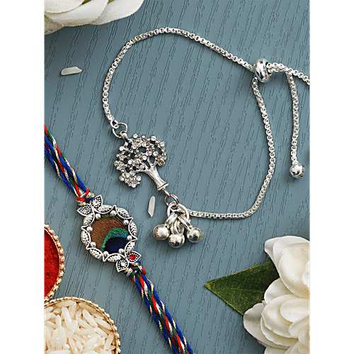 eCraftIndia Peacock Feather & Tree Design Bracelet Rakhi With Roli Chawal - Silver & Colourful, 2 pcs  
