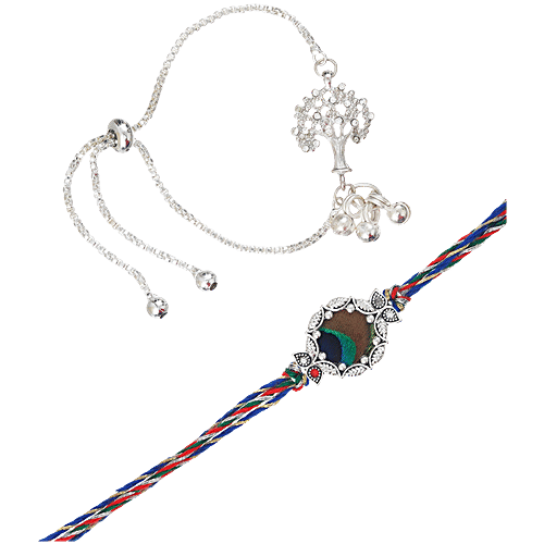 eCraftIndia Peacock Feather & Tree Design Bracelet Rakhi With Roli Chawal - Silver & Colourful, 2 pcs  