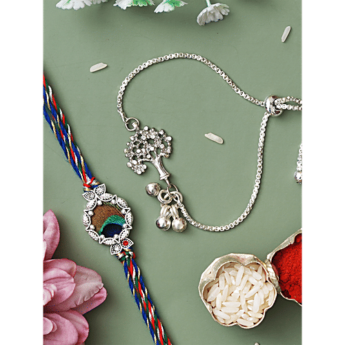 eCraftIndia Peacock Feather & Tree Design Bracelet Rakhi With Roli Chawal - Silver & Colourful, 2 pcs  
