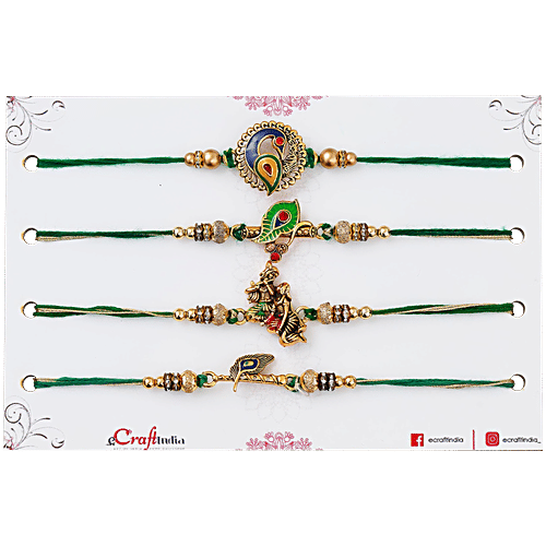 eCraftIndia Multicolour Rakhi Set With Roli Chawal - Radha Krishna Playing Flute, Peacock, Krishna Flute, Peacock Feather Design, 4 pcs