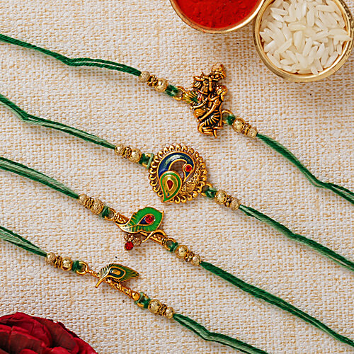 eCraftIndia Multicolour Rakhi Set With Roli Chawal - Radha Krishna Playing Flute, Peacock, Krishna Flute, Peacock Feather Design, 4 pcs