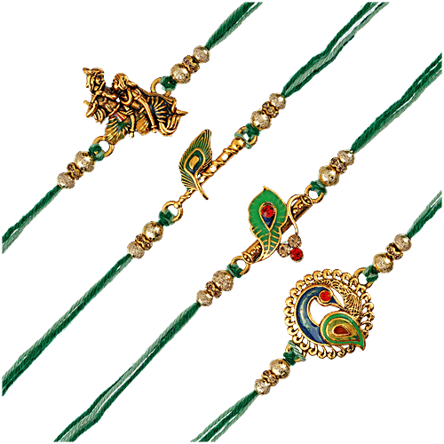eCraftIndia Multicolour Rakhi Set With Roli Chawal - Radha Krishna Playing Flute, Peacock, Krishna Flute, Peacock Feather Design, 4 pcs