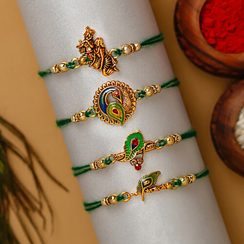 eCraftIndia Multicolour Rakhi Set With Roli Chawal - Radha Krishna Playing Flute, Peacock, Krishna Flute, Peacock Feather Design, 4 pcs
