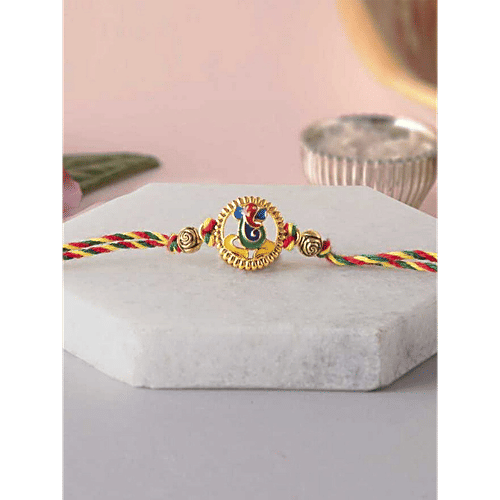 eCraftIndia Lord Ganesha Rakhi With Roli Chawal - Red, Green & Yellow Thread, 1 pc  Religious Rakhi, For Brother