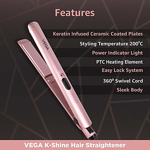 Vega K Shine Hair Straightener For Women With Keratin Infused Plates, Rose Gold, VHSH 28, 1 pc  Pink