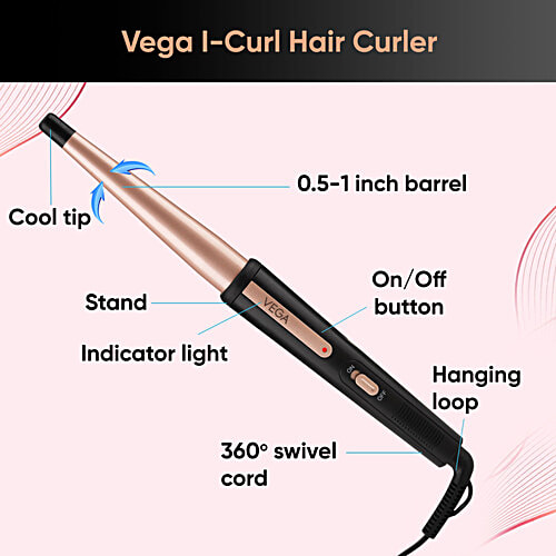 Vega I-Curl Hair Curler For Women With 0.5 inch-1 inch Barrel, Quick Heat up Technology, Rose Gold, VHCH 05, 1 pc  Rose Gold