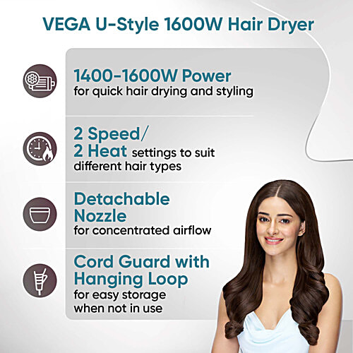 Vega Hair Dryer For Women & Men With Cool Shot Button, U-Style Dryer 1600 Watts, VHDH-24, 1 pc Black