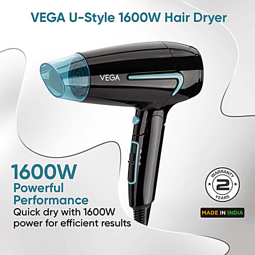 Vega Hair Dryer For Women & Men With Cool Shot Button, U-Style Dryer 1600 Watts, VHDH-24, 1 pc Black