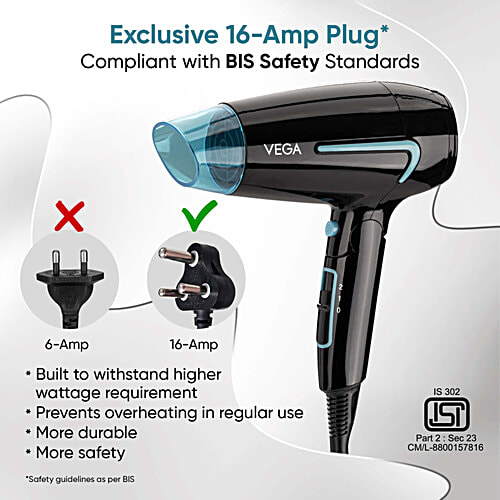 Vega Hair Dryer For Women & Men With Cool Shot Button, U-Style Dryer 1600 Watts, VHDH-24, 1 pc Black