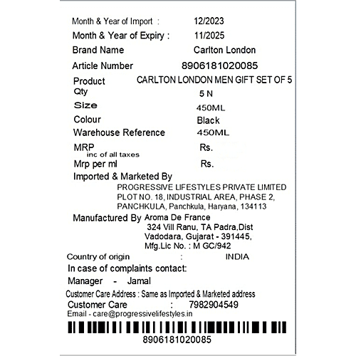Carlton London Men Gift Set - Lotion + Gel + Facewash + Sunscreen Spray + Face Scrub, 450 ml (Set of 5)