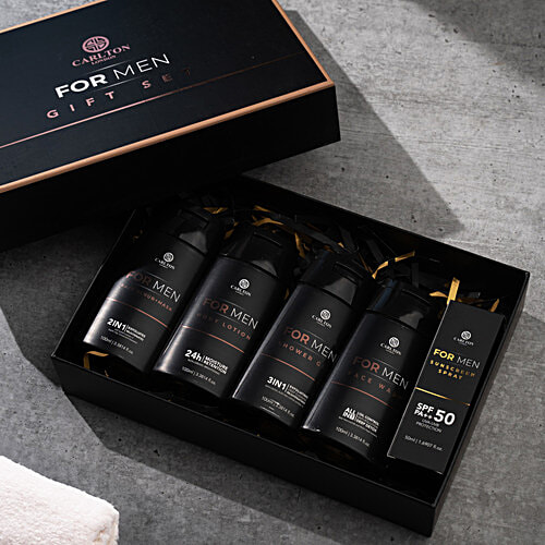 Carlton London Men Gift Set - Lotion + Gel + Facewash + Sunscreen Spray + Face Scrub, 450 ml (Set of 5)