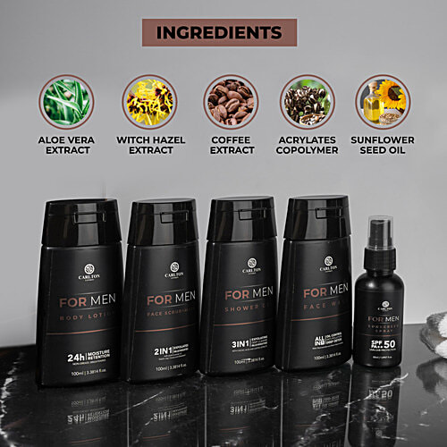 Carlton London Men Gift Set - Lotion + Gel + Facewash + Sunscreen Spray + Face Scrub, 450 ml (Set of 5)