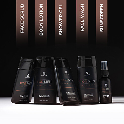 Carlton London Men Gift Set - Lotion + Gel + Facewash + Sunscreen Spray + Face Scrub, 450 ml (Set of 5)