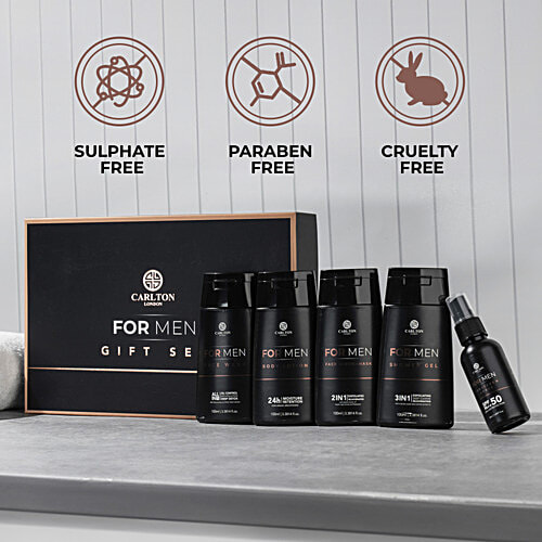 Carlton London Men Gift Set - Lotion + Gel + Facewash + Sunscreen Spray + Face Scrub, 450 ml (Set of 5)