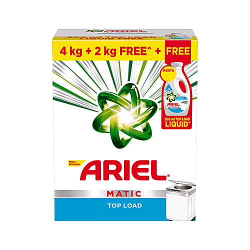 Ariel Matic Top Load Detergent Powder, 6 kg (Get 4 + 2 kg Free + 500 ml Free Liquid) Tough Stain Removal
 Colour Protection
 Convenient Combo