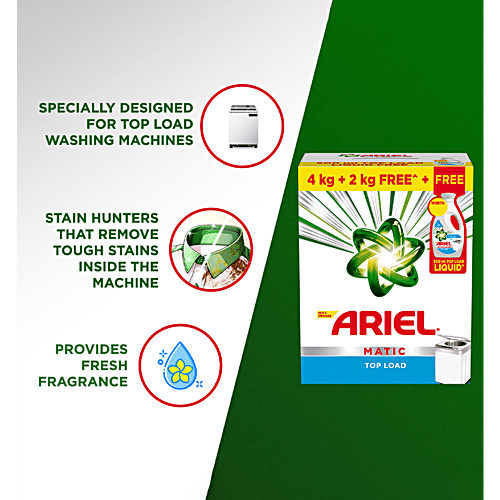 Ariel Matic Top Load Detergent Powder, 6 kg (Get 4 + 2 kg Free + 500 ml Free Liquid) Tough Stain Removal
 Colour Protection
 Convenient Combo
