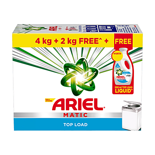Ariel Matic Top Load Detergent Powder, 6 kg (Get 4 + 2 kg Free + 500 ml Free Liquid) Tough Stain Removal
 Colour Protection
 Convenient Combo