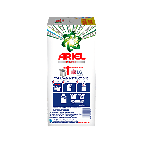 Ariel Matic Top Load Detergent Powder, 6 kg (Get 4 + 2 kg Free + 500 ml Free Liquid) Tough Stain Removal
 Colour Protection
 Convenient Combo