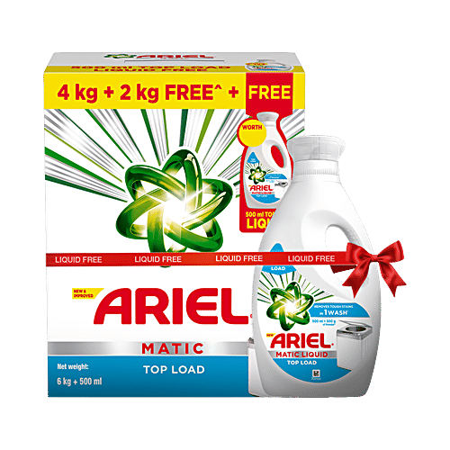 Ariel Matic Top Load Detergent Powder, 6 kg (Get 4 + 2 kg Free + 500 ml Free Liquid) Tough Stain Removal
 Colour Protection
 Convenient Combo