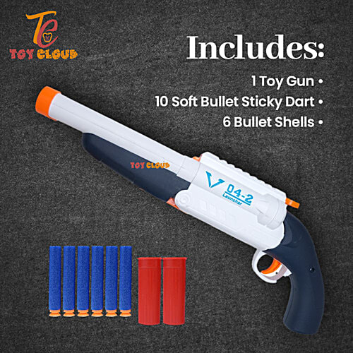 Toy Cloud Super Blast Double Barrelled Gun, Soft Blaster Manual Bullet Shooting Gun Toy With 6 Bullet Shells & 10 Soft Foam Darts Bullets, 1 pc Box Unique Manual Mechanism
Double-Barrelled Design