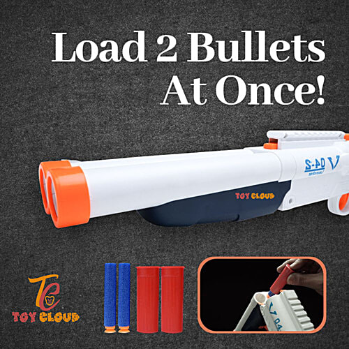 Toy Cloud Super Blast Double Barrelled Gun, Soft Blaster Manual Bullet Shooting Gun Toy With 6 Bullet Shells & 10 Soft Foam Darts Bullets, 1 pc Box Unique Manual Mechanism
Double-Barrelled Design