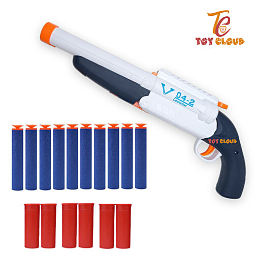 Toy Cloud Super Blast Double Barrelled Gun, Soft Blaster Manual Bullet Shooting Gun Toy With 6 Bullet Shells & 10 Soft Foam Darts Bullets, 1 pc Box Unique Manual Mechanism
Double-Barrelled Design