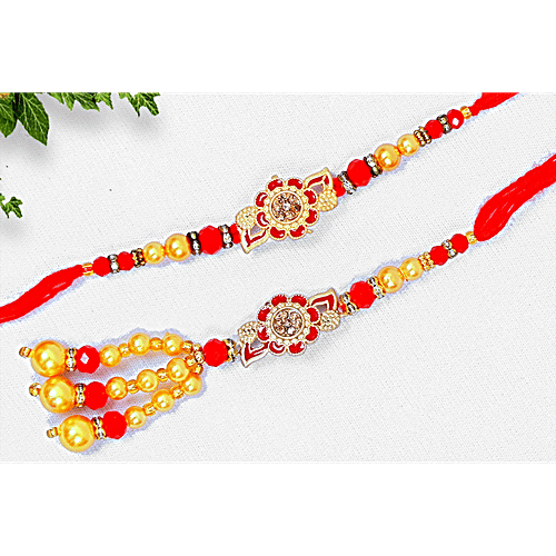 Pearlfiesta "Bhaiya Bhabhi" Rakhi Se With Lumba Rakhi - Red & Golden, 2 pcs For Brother, Bhaiya, Bhai