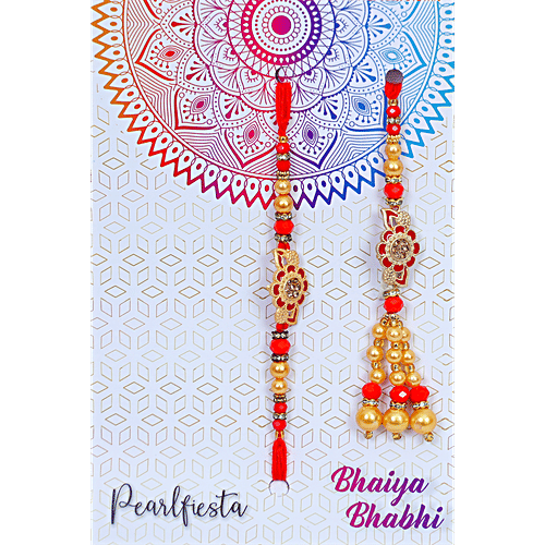 Pearlfiesta "Bhaiya Bhabhi" Rakhi Se With Lumba Rakhi - Red & Golden, 2 pcs For Brother, Bhaiya, Bhai