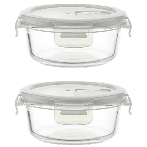 Femora Borosilicate Glass Food Storage Containers - Microwave Safe, With Air Vent Lids, Round, 380 ml (Set of 2) 
