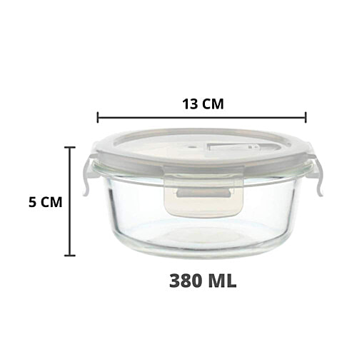 Femora Borosilicate Glass Food Storage Containers - Microwave Safe, With Air Vent Lids, Round, 380 ml (Set of 2) 