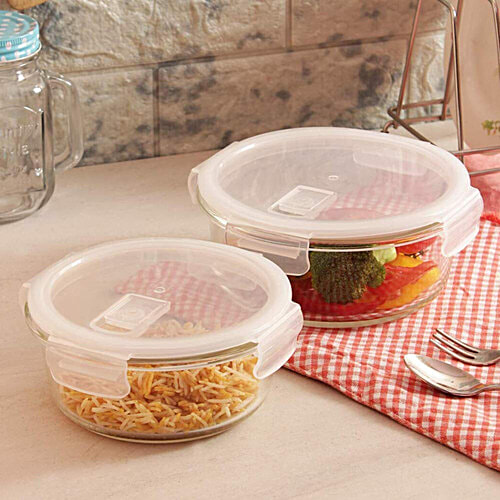 Femora Borosilicate Glass Food Storage Containers - Microwave Safe, With Air Vent Lids, Round, 380 ml (Set of 2) 