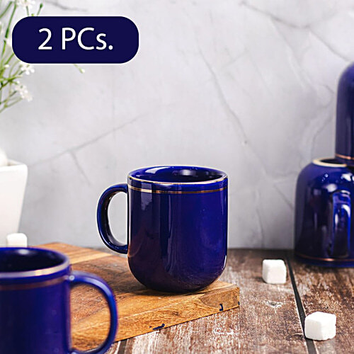 Femora Ceramic Coffee Mugs - With Gold Lines, Blue, 180 ml (Set of 2)