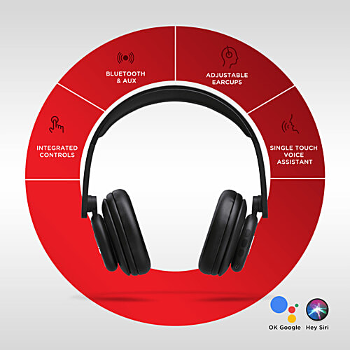 boAt Rockerz 450 Wireless Headphones Upto 15 Hours Playback, 40 MM Drivers, Padded Ear Cushions, Integrated Controls & Dual Modes - Luscious Black, 1 pc  