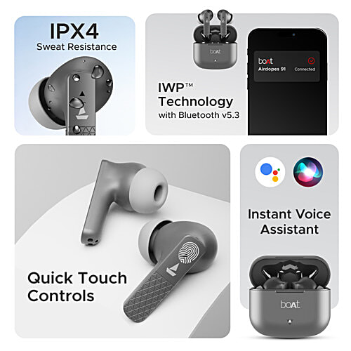 boAt Airdopes 91 Wireless Earbuds 45 hrs Playtime, Beast Mode With 50 ms Low Latency, Dual Mics With ENx - Mist Grey, 1 pc ASAP Charge, IWP Tech, IPX4 & Bluetooth v5.3