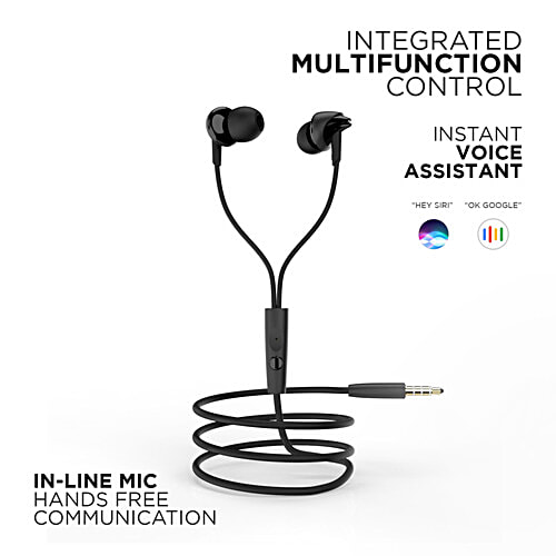 boAt Bassheads 100 Wired Earphones With Mic, Hawk Inspired Design, Integrated Multifunction Control - Black, 1 pc In-line Mic Hands Free Communication, Instant Voice Assistant, Super Extra Bass