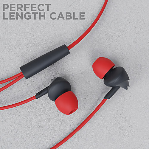 boAt Bassheads 100 Wired Earphones With Mic, Hawk Inspired Design, Integrated Multifunction Control - Raging Red, 1 pc In-line Mic Hands Free Communication, Instant Voice Assistant, Super Extra Bass