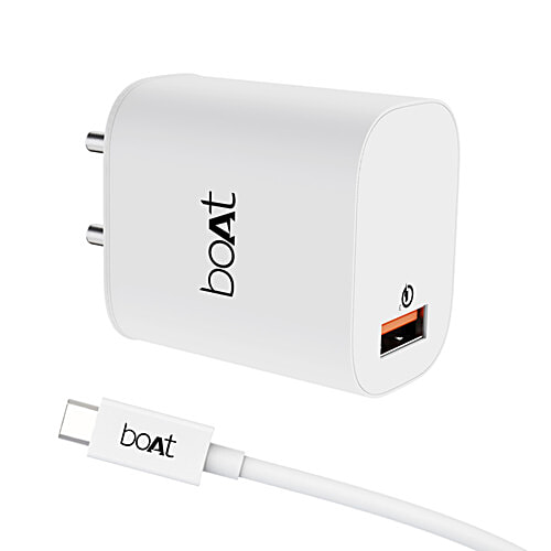 boAt WCD QC 3.0 Fast Charge Adapter 18 W With Type C Cable, Corrosion Resistant Pins, Smart IC Protection - White, 1 pc  Wall Charger, Type C Cable