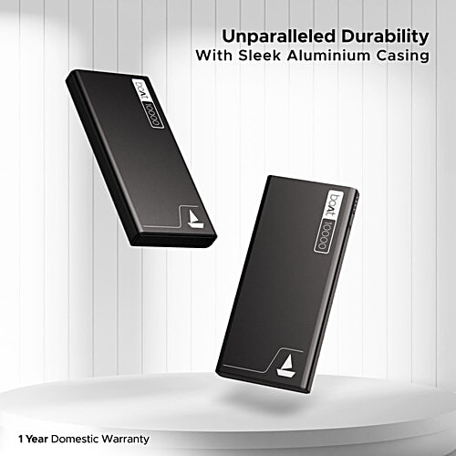 boAt Energyshroom Power Bank PB300 10000 mAh Battery, 2-Way 22.5W Fast Charge, Quick Charge 3.0 - Sleek Aluminium Case, Black, 1 pc  2 USB A Output Ports, 1 Type C 2 Way Port, 1 Micro USB Input Port, Smart IC Protection