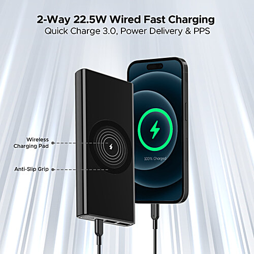 boAt EnergyShroom Power Bank PB310 Wireless Pro 15W Wireless Charging, Smart IC Protection - Black, 1 pc  2 Way 22.5 W Wired Fast Charging, 10000 mAh Capacity