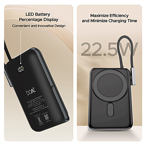 boAt Energyshroom Power Bank PB330 MagnaCharge Power Bank 10000 mAh, 15W Fast Wireless Charging - Black, 1 pc MagnaCharge Ring, LED Battery Display, Dual Mode Charging